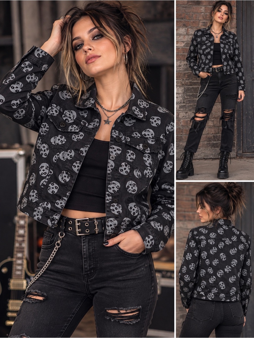 Black Skull Print Denim Jacket • Gothic Rocker Grunge Y2K Size Small